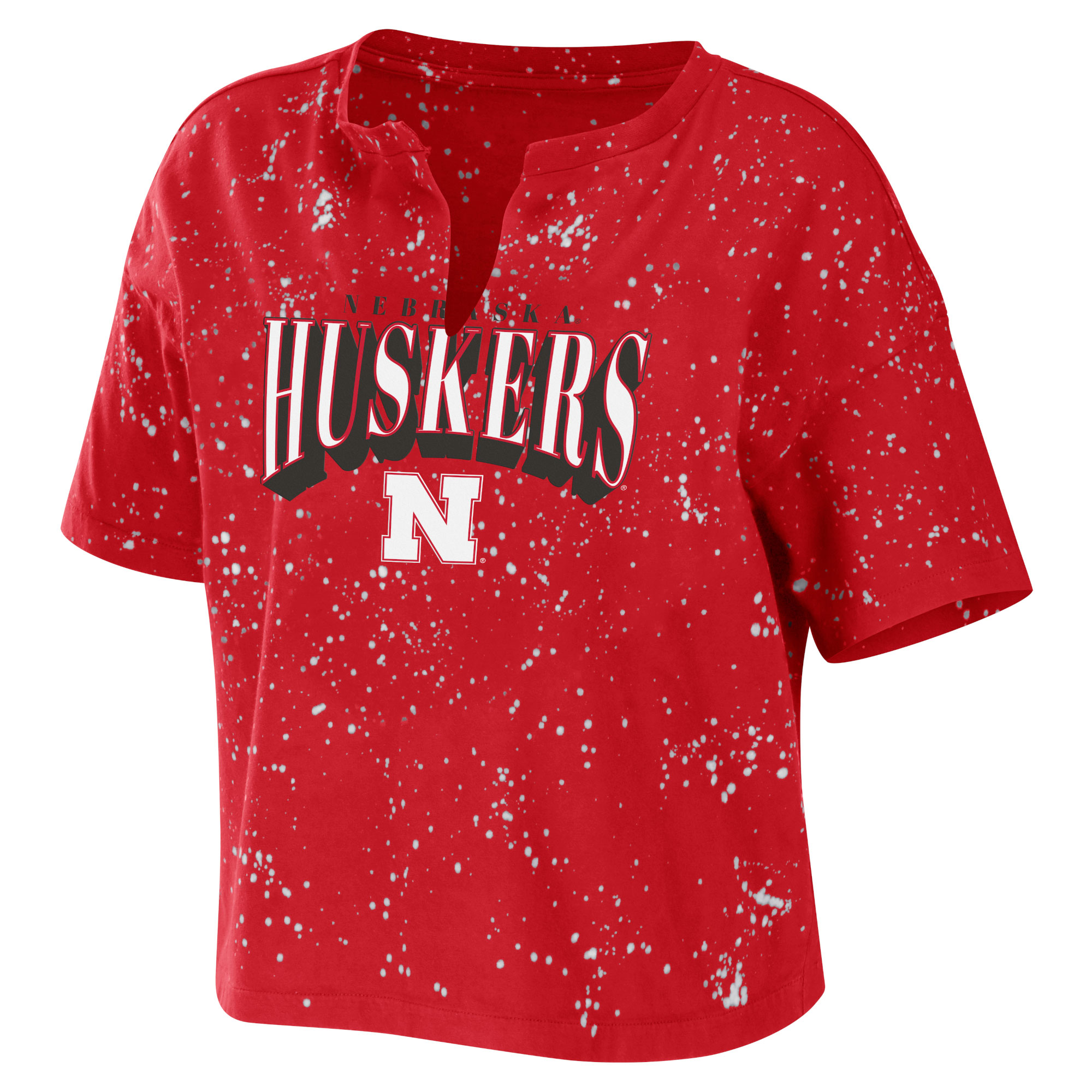 Women's WEAR by Erin Andrews Scarlet Nebraska Huskers Bleach Wash Splatter Cropped Notch Neck T-Shirt - Image 6
