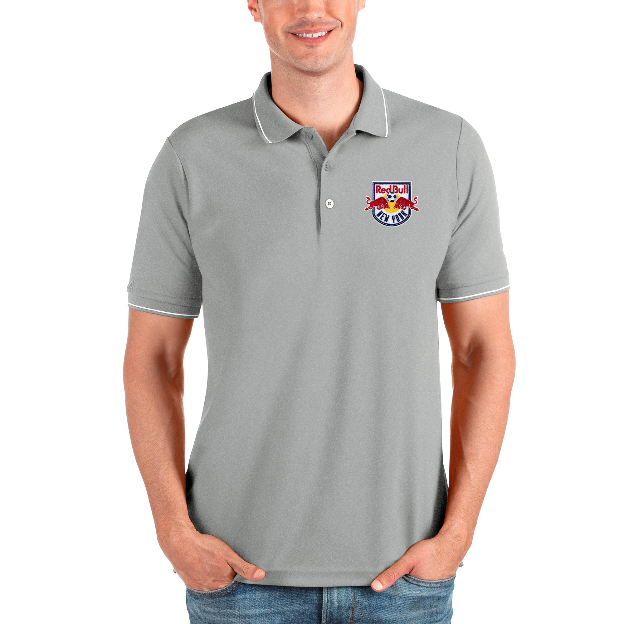 Men's Antigua Heather Gray New York Red Bulls Solid Pique Polo
