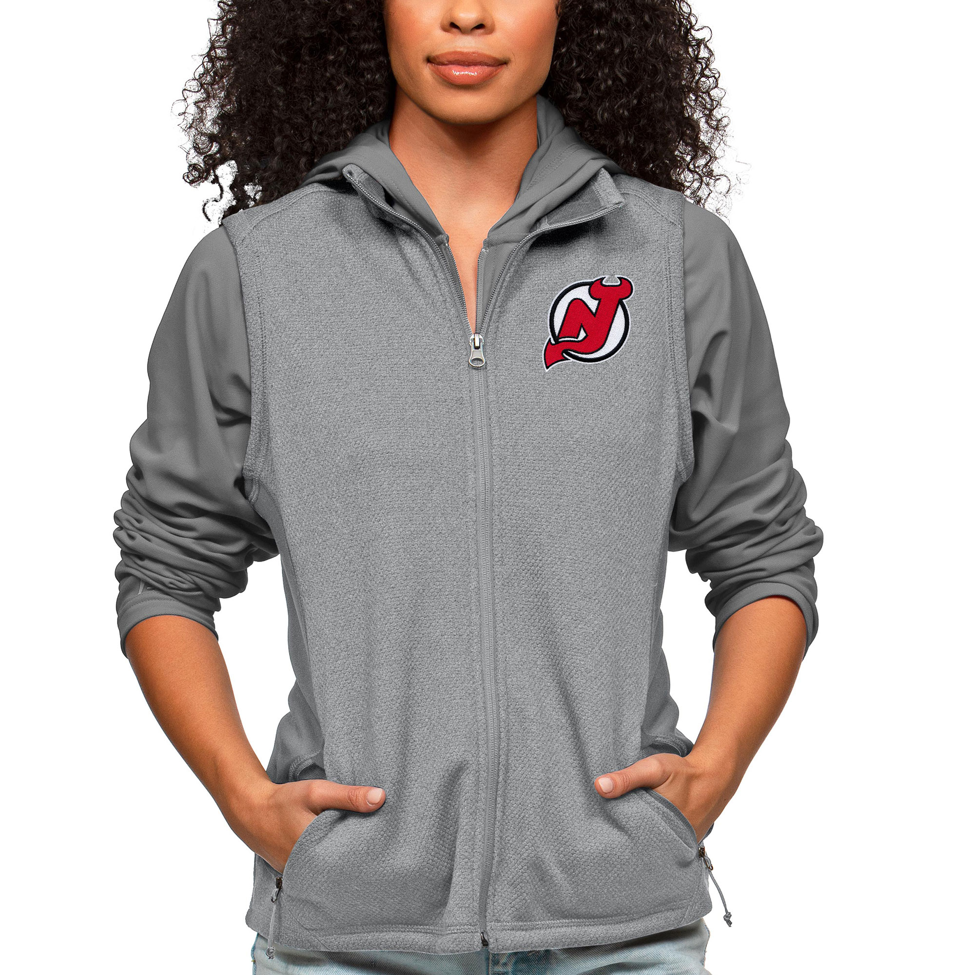 Women's Antigua Heather Gray New Jersey Devils Primary Logo Course Full-Zip Vest