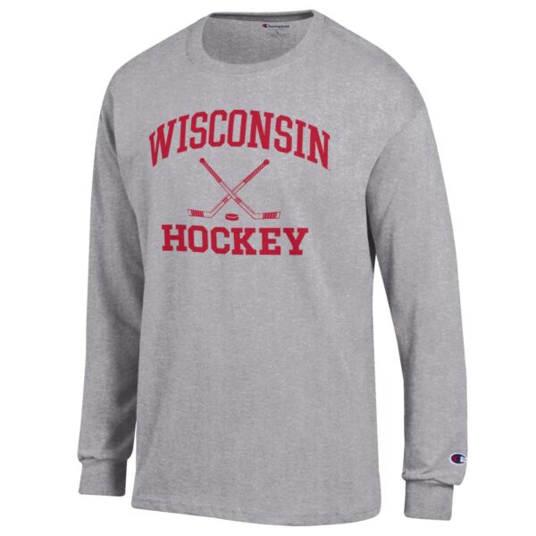 Men's Champion Heather Gray Wisconsin Badgers Hockey Icon Powerblend Long Sleeve T-Shirt - Image 10