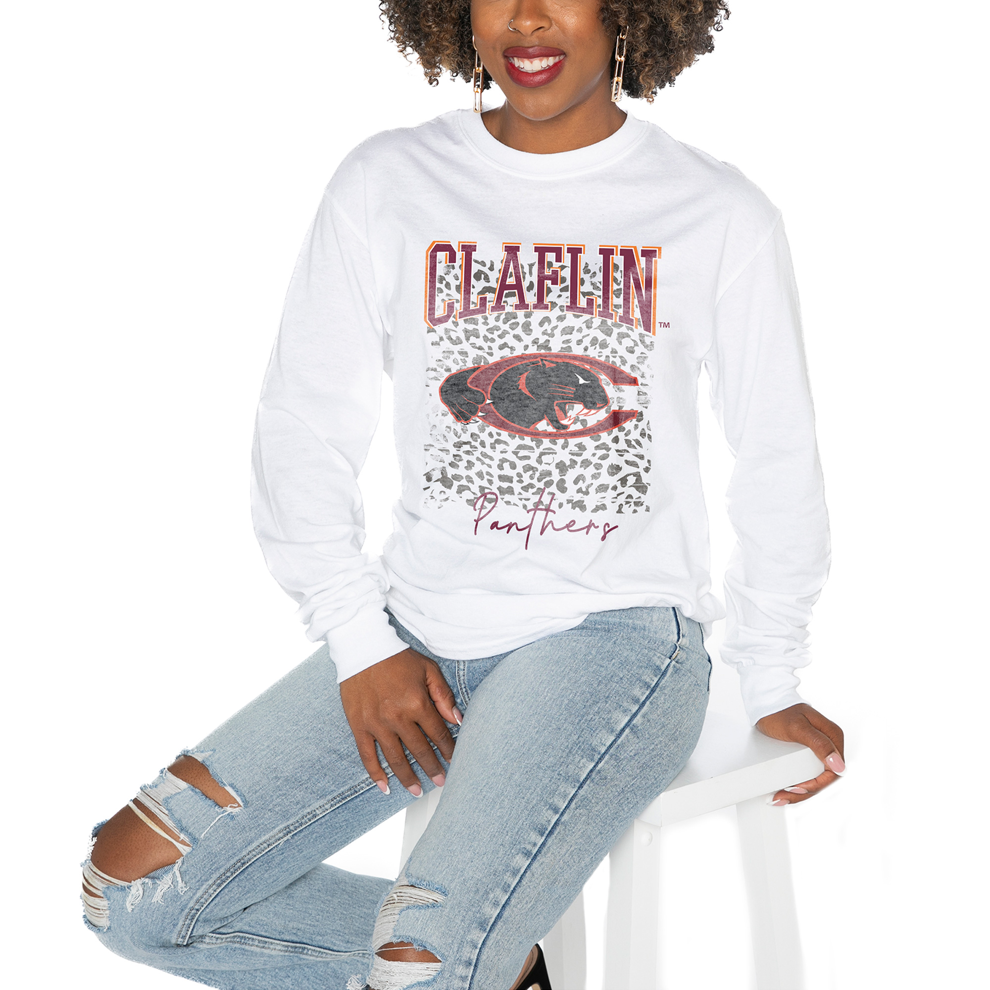 Women's Gameday Couture White Claflin Panthers Boyfriend Fit Long Sleeve T-Shirt