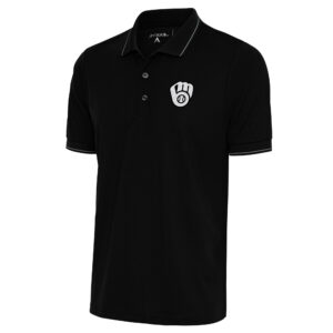 Men's Antigua Black Milwaukee Brewers Metallic Affluent Polo