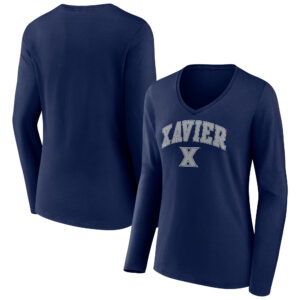 Women's Navy Xavier Musketeers Campus Long Sleeve V-Neck T-Shirt