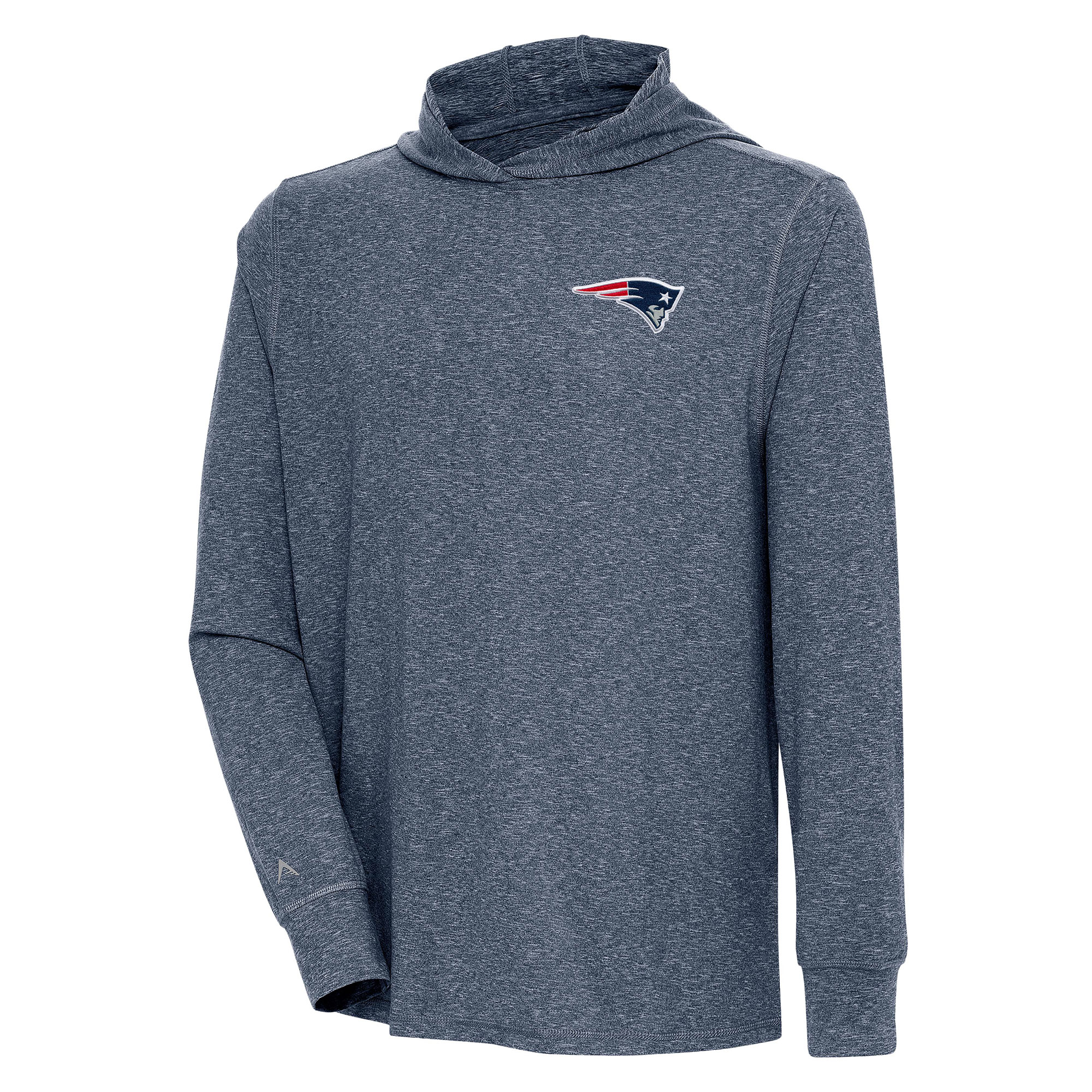 Men's Antigua Heather Navy New England Patriots Saga Long Sleeve Hoodie T-Shirt