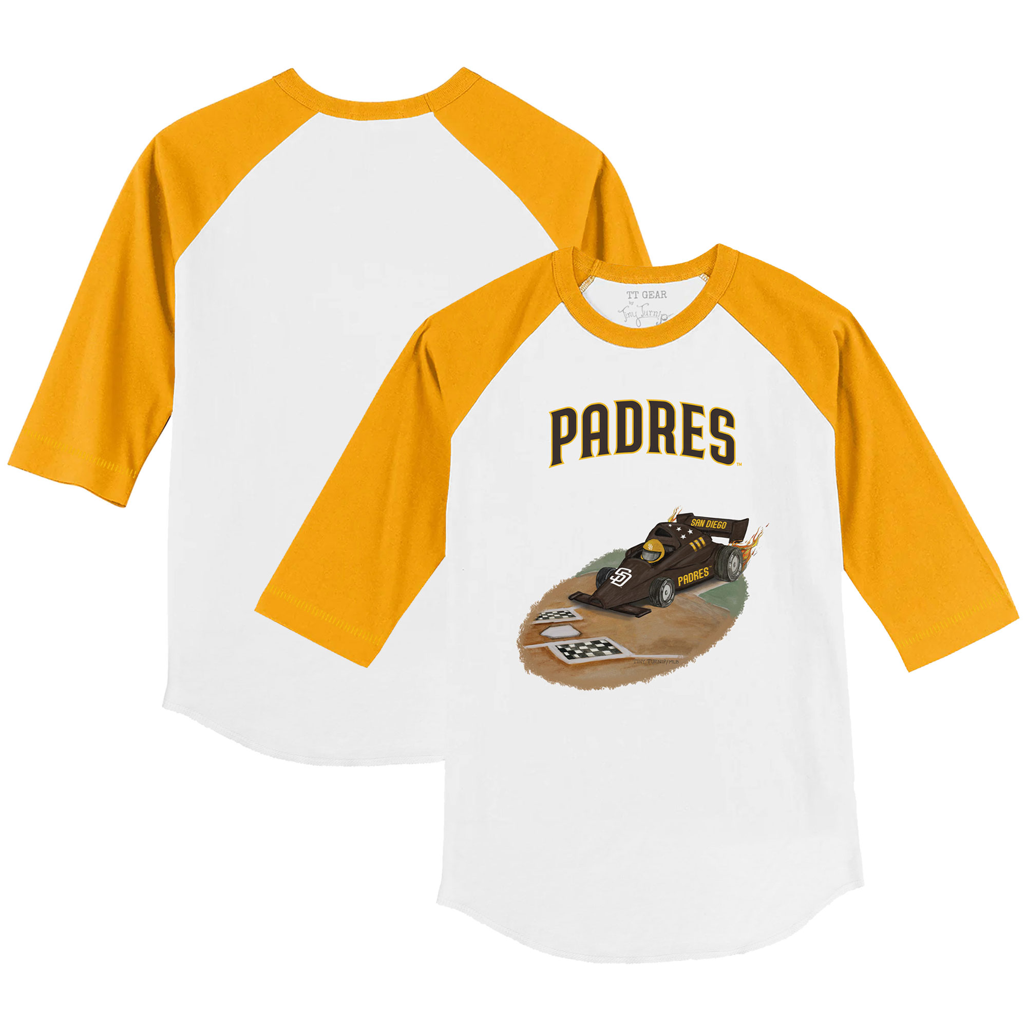 Toddler Tiny Turnip White/Gold San Diego Padres Race Car 3/4-Sleeve Raglan T-Shirt