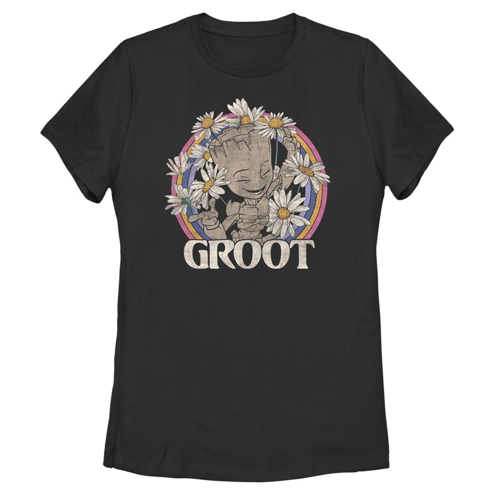 Women's Mad Engine Groot Black Guardians of the Galaxy Happy Flowers Graphic T-Shirt