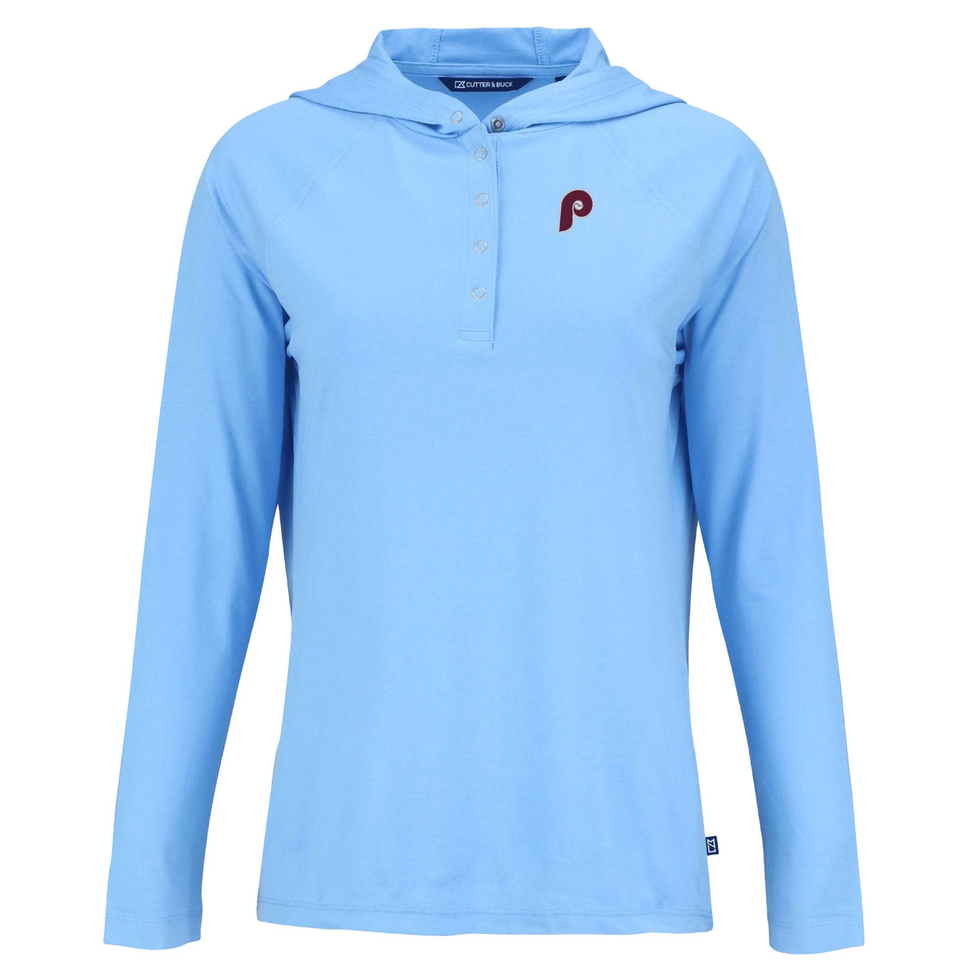 Women's Cutter & Buck Powder Blue Philadelphia Phillies Cooperstown Collection Coastline Epic Comfort Eco Recycled Hoodie Raglan Long Sleeve T-Shirt - Image 6