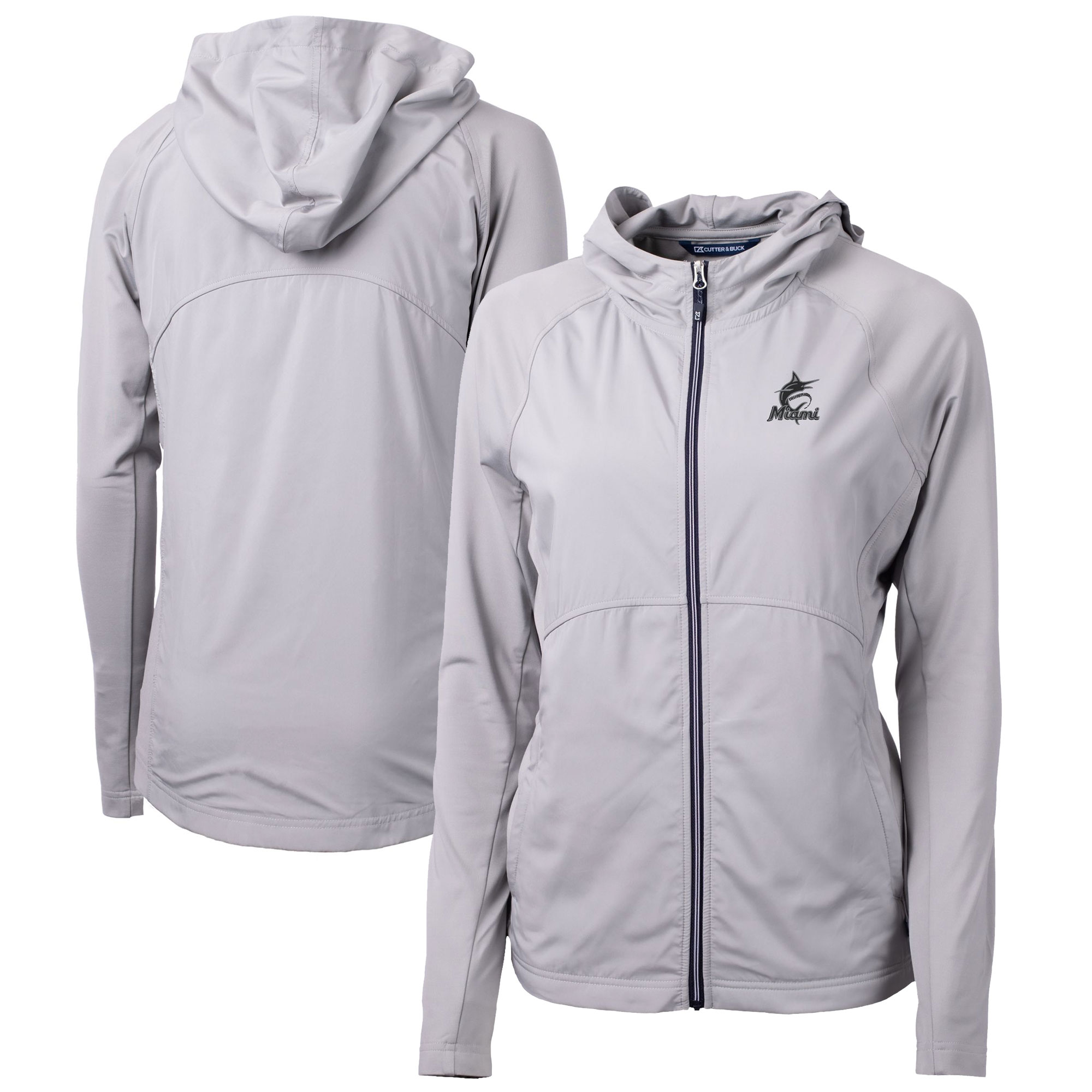Women's Cutter & Buck Gray Miami Marlins Adapt Eco Knit Hybrid Recycled Raglan Full-Zip Hoodie
