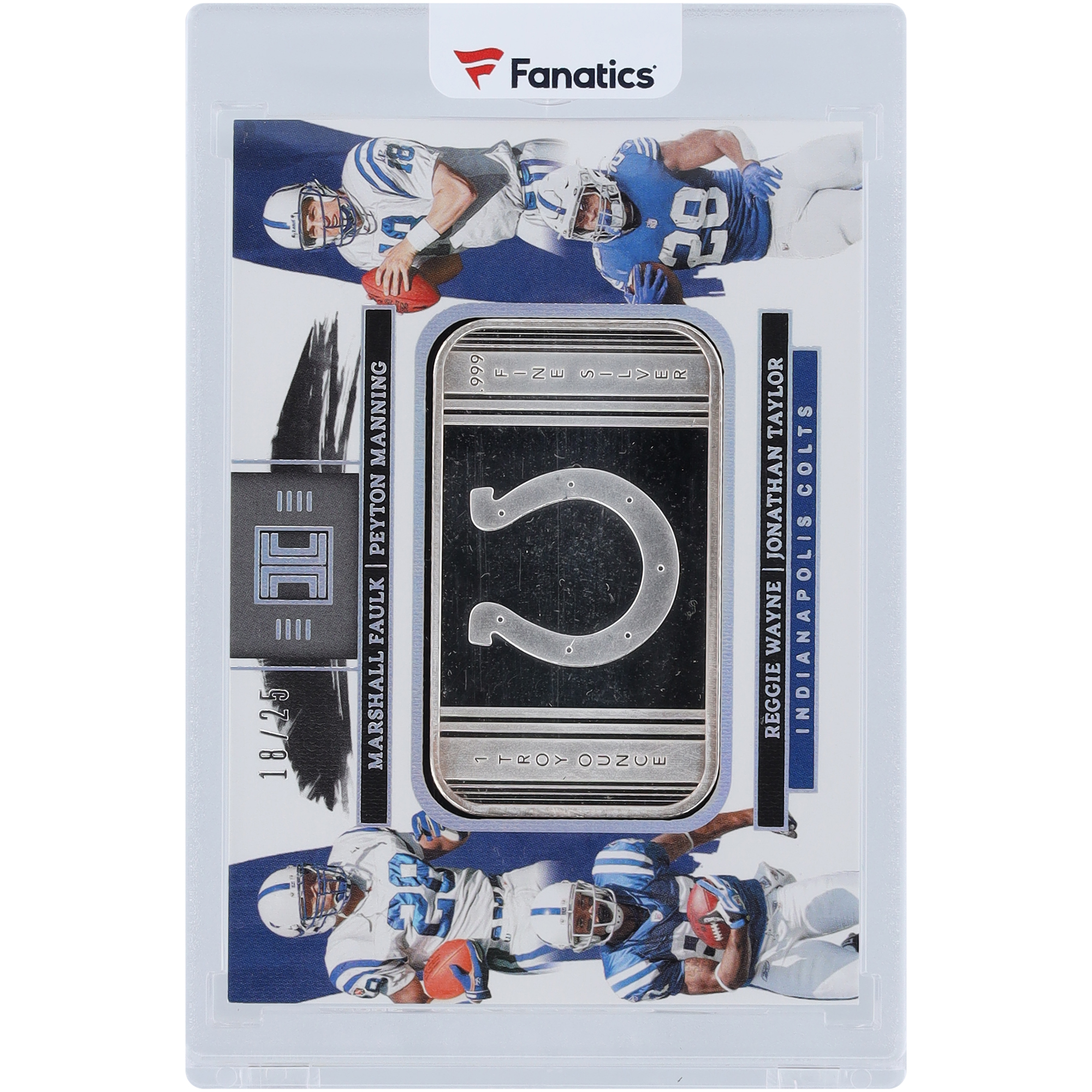 Reggie Wayne, Marshall Faulk, Jonathan Taylor & Peyton Manning Indianapolis Colts 2022 Panini Impeccable Silver Bar Jersey Number #SG-IND #18/25 Card - Image 3