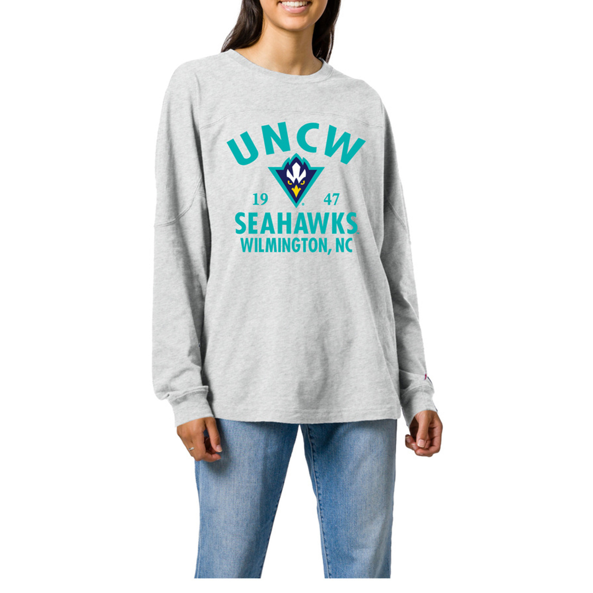 Women's Ash UNC Wilmington Seahawks Throwback Oversized Long Sleeve T-Shirt