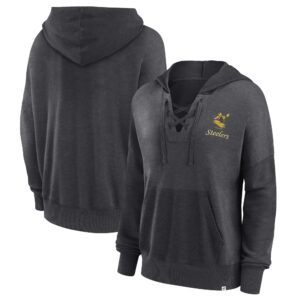Women's Fanatics Heather Charcoal Pittsburgh Steelers Heritage Snow Wash French Terry Lace-Up Pullover Hoodie