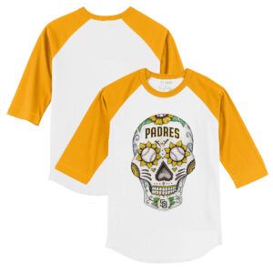 Toddler Tiny Turnip White/Gold San Diego Padres Sugar Skull 3/4-Sleeve Raglan T-Shirt