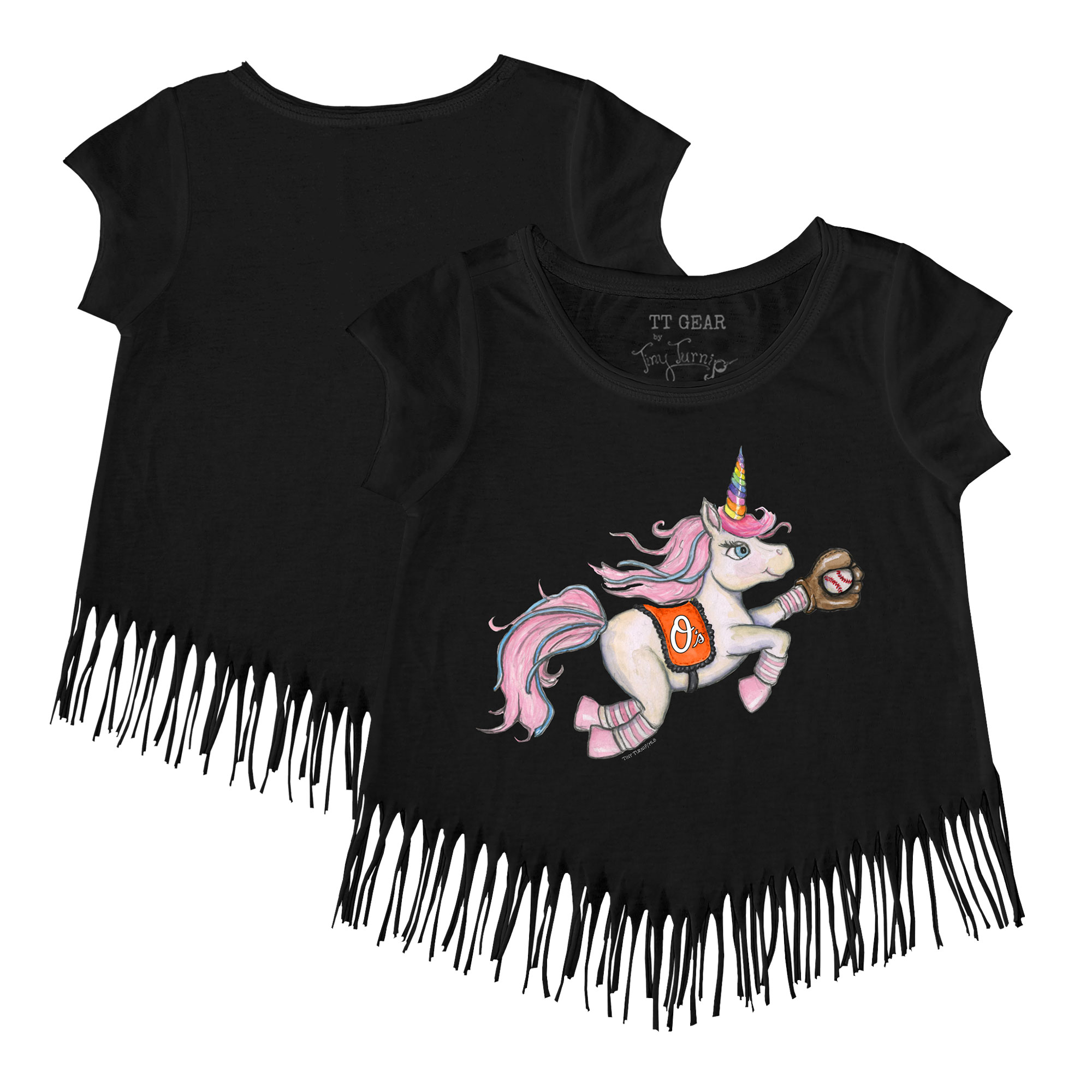 Girls Youth Tiny Turnip Black Baltimore Orioles Unicorn Fringe T-Shirt