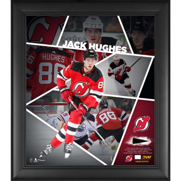 Jack Hughes New Jersey Devils Framed 15" x 17" Impact Player Collage with a Piece of Game-Used Puck - Limited Edition of 500