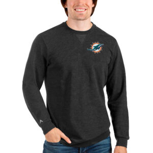 Men's Antigua Heathered Black Miami Dolphins Reward Crewneck Pullover Sweatshirt
