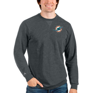 Men's Antigua Heathered Charcoal Miami Dolphins Reward Crewneck Pullover Sweatshirt