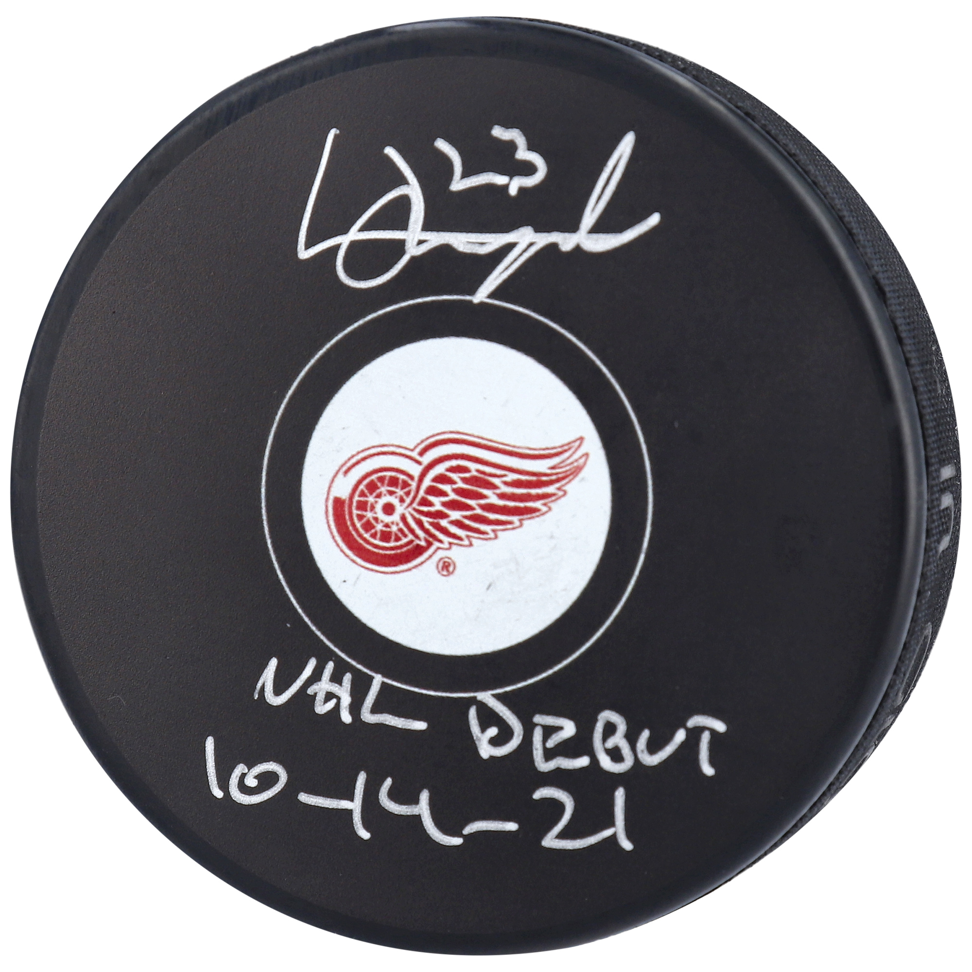 Lucas Raymond Detroit Red Wings Autographed Hockey Puck with "NHL Debut 10/14/21" Inscription - Image 4