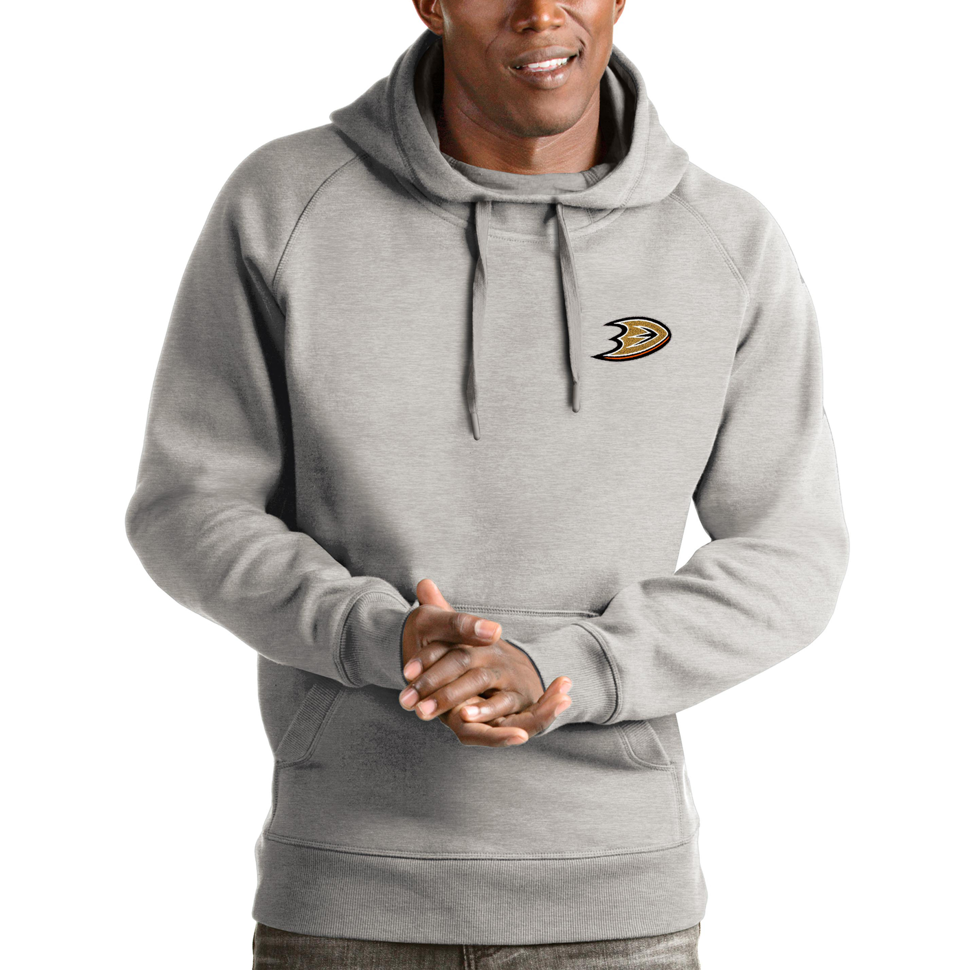 Men's Antigua Heathered Gray Anaheim Ducks Victory Pullover Hoodie