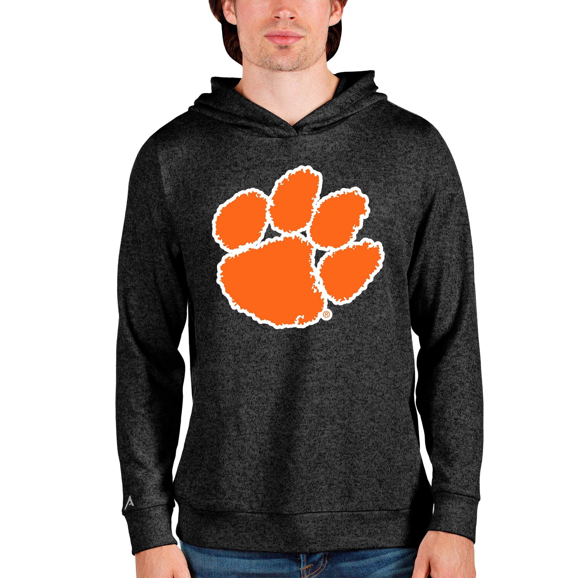 Men's Antigua Heathered Black Clemson Tigers Team Logo Absolute Pullover Hoodie