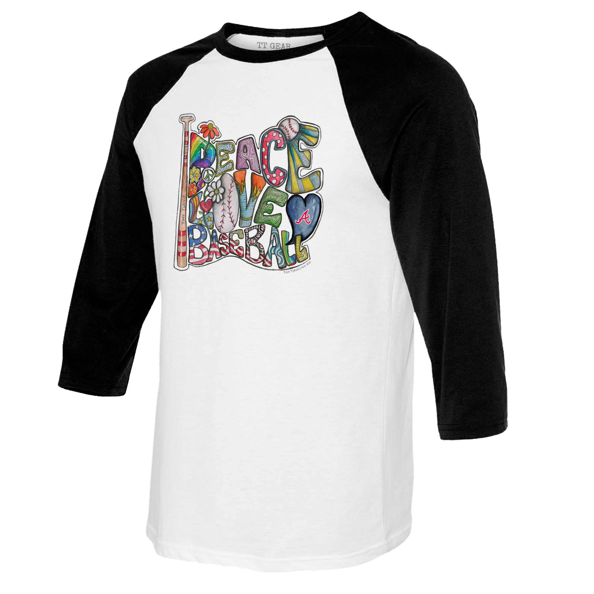 Youth Tiny Turnip White/Black Atlanta Braves Peace Love Baseball Raglan 3/4 Sleeve T-Shirt - Image 3