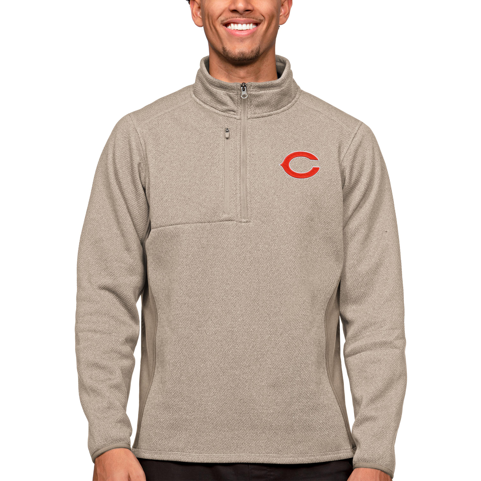 Men's Antigua Oatmeal Chicago Bears Course Quarter-Zip Pullover Top