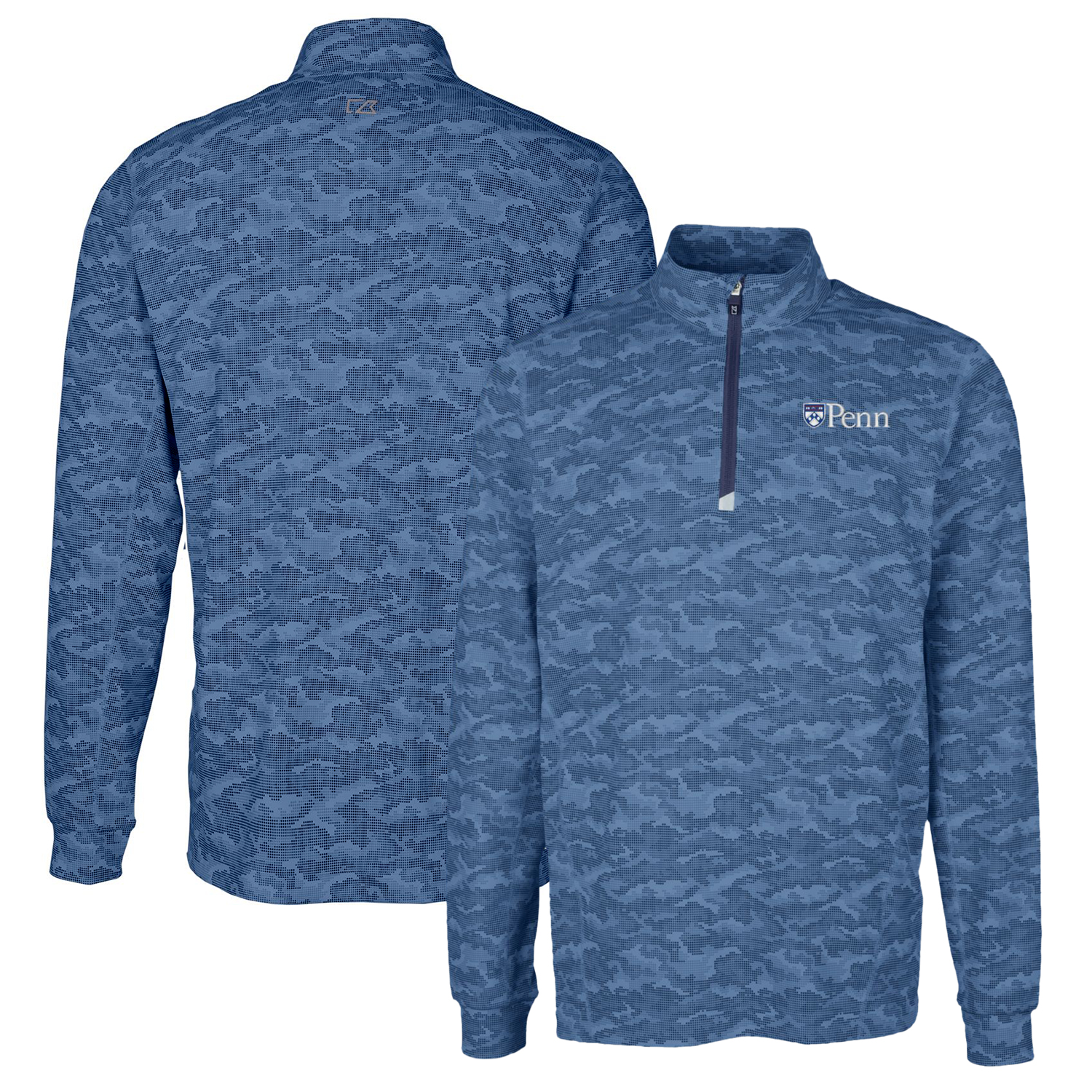 Men's Cutter & Buck Navy Pennsylvania Quakers Traverse Camo Print Stretch Quarter-Zip Pullover Top
