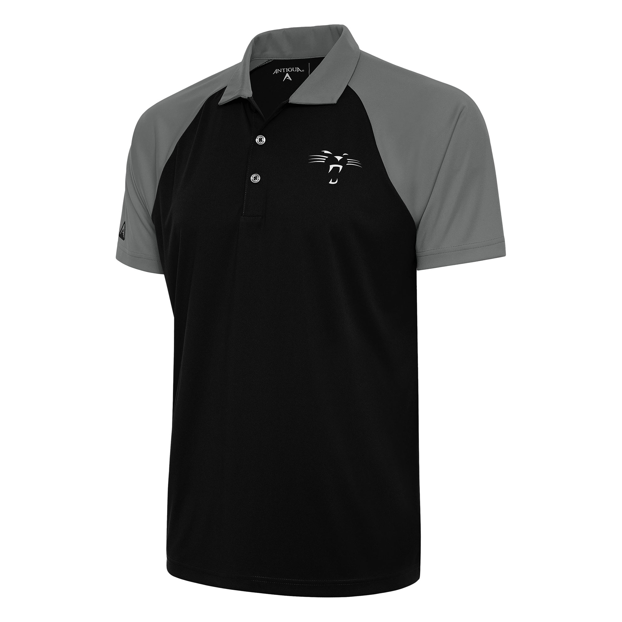 Men's Antigua Black/Steel Carolina Panthers Team Logo Throwback Nova Polo