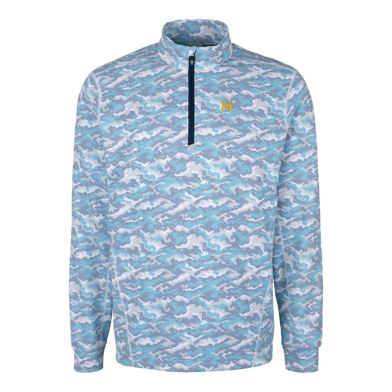 Men's Cutter & Buck Blue Michigan Wolverines Vault Traverse Camo Print Stretch Quarter-Zip Pullover Top - Image 6