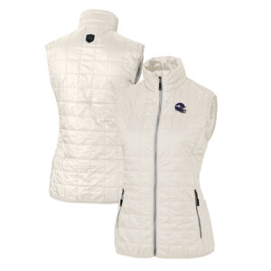 Women's Cutter & Buck  Cream Minnesota Vikings Helmet Logo Rainier PrimaLoft Eco Insulated Full-Zip Puffer Vest