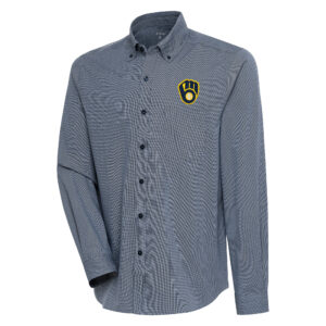 Men's Antigua  Navy/White Milwaukee Brewers Compression Long Sleeve Button-Down Shirt