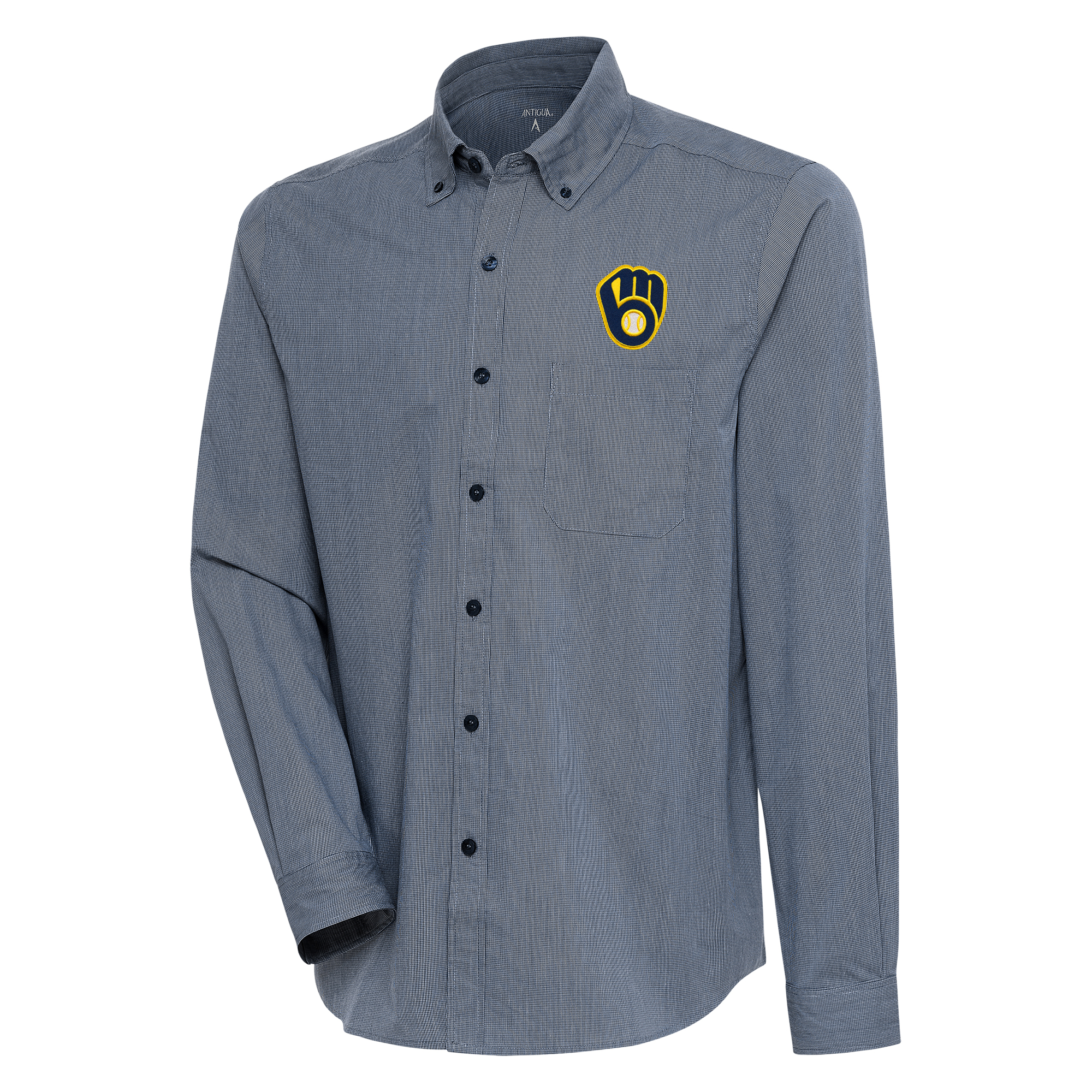 Men's Antigua Navy/White Milwaukee Brewers Compression Long Sleeve Button-Down Shirt