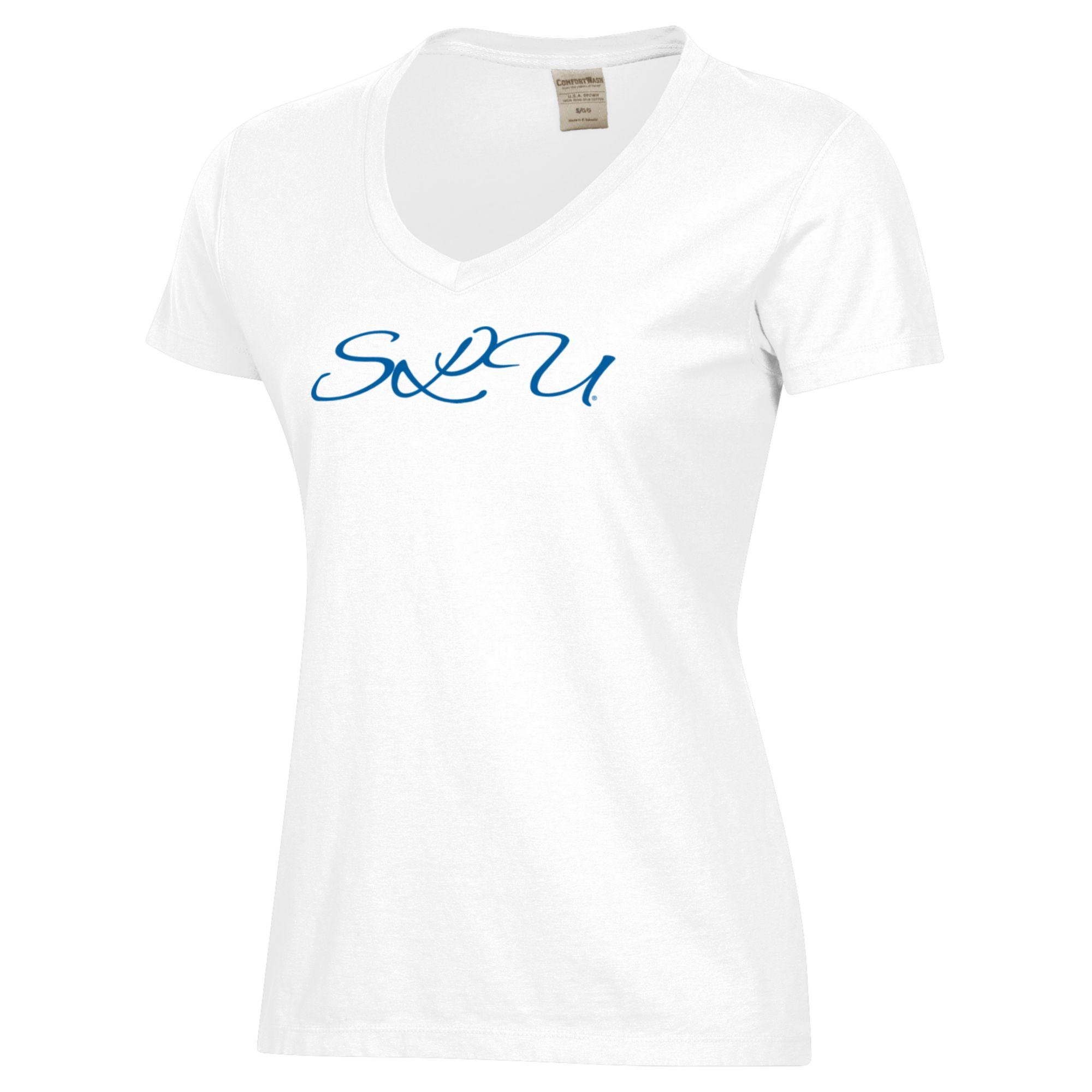 Women's White Saint Louis Billikens Script Logo Comfort Wash V-Neck T-Shirt - Image 3