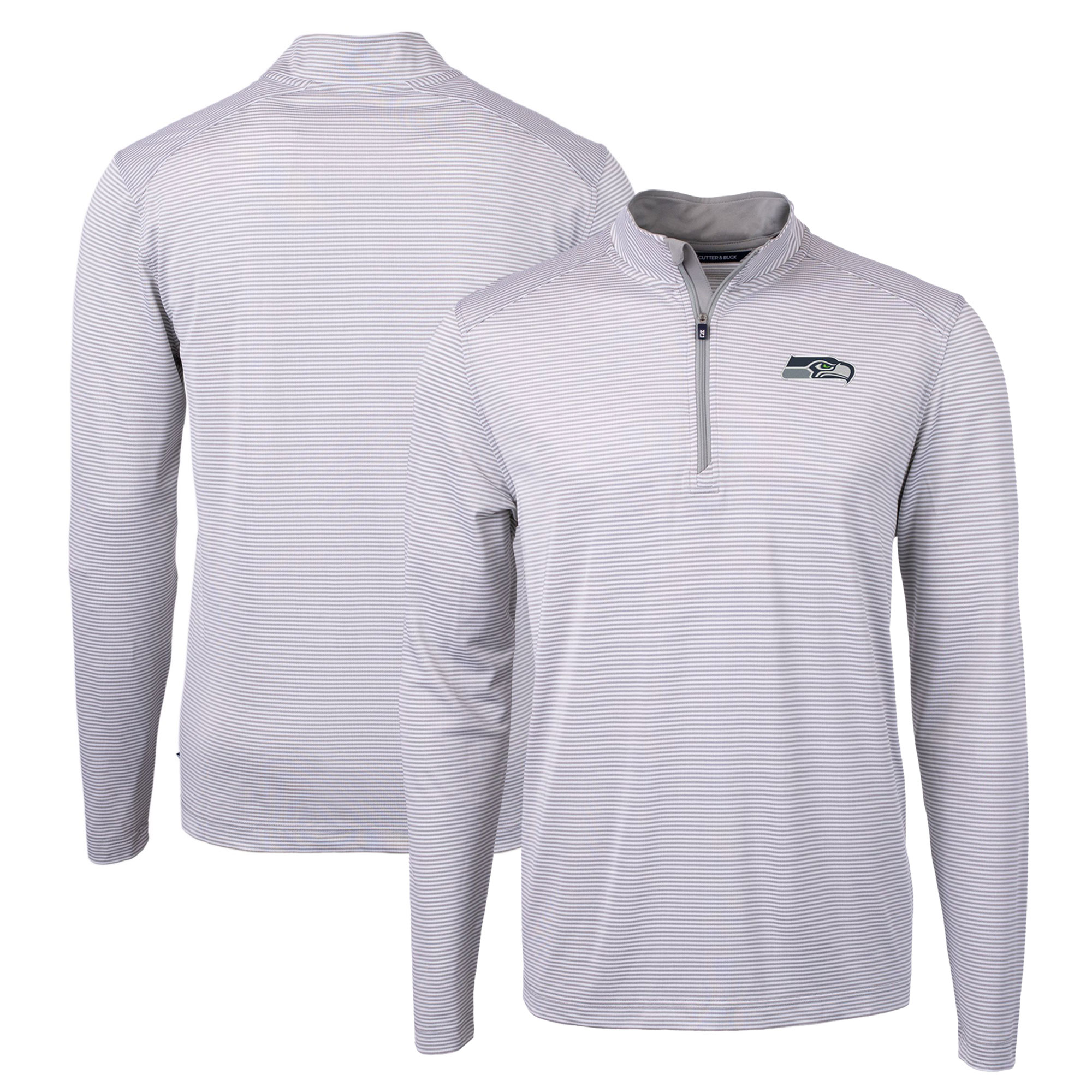 Men's Cutter & Buck Gray/White Seattle Seahawks Virtue Eco Pique Micro Stripe Recycled Quarter-Zip Pullover Top