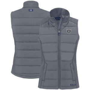 Women's Cutter & Buck Gray Las Vegas Raiders Primary Mark Evoke PrimaLoft Hybrid Eco Softshell Recycled Full-Zip Vest