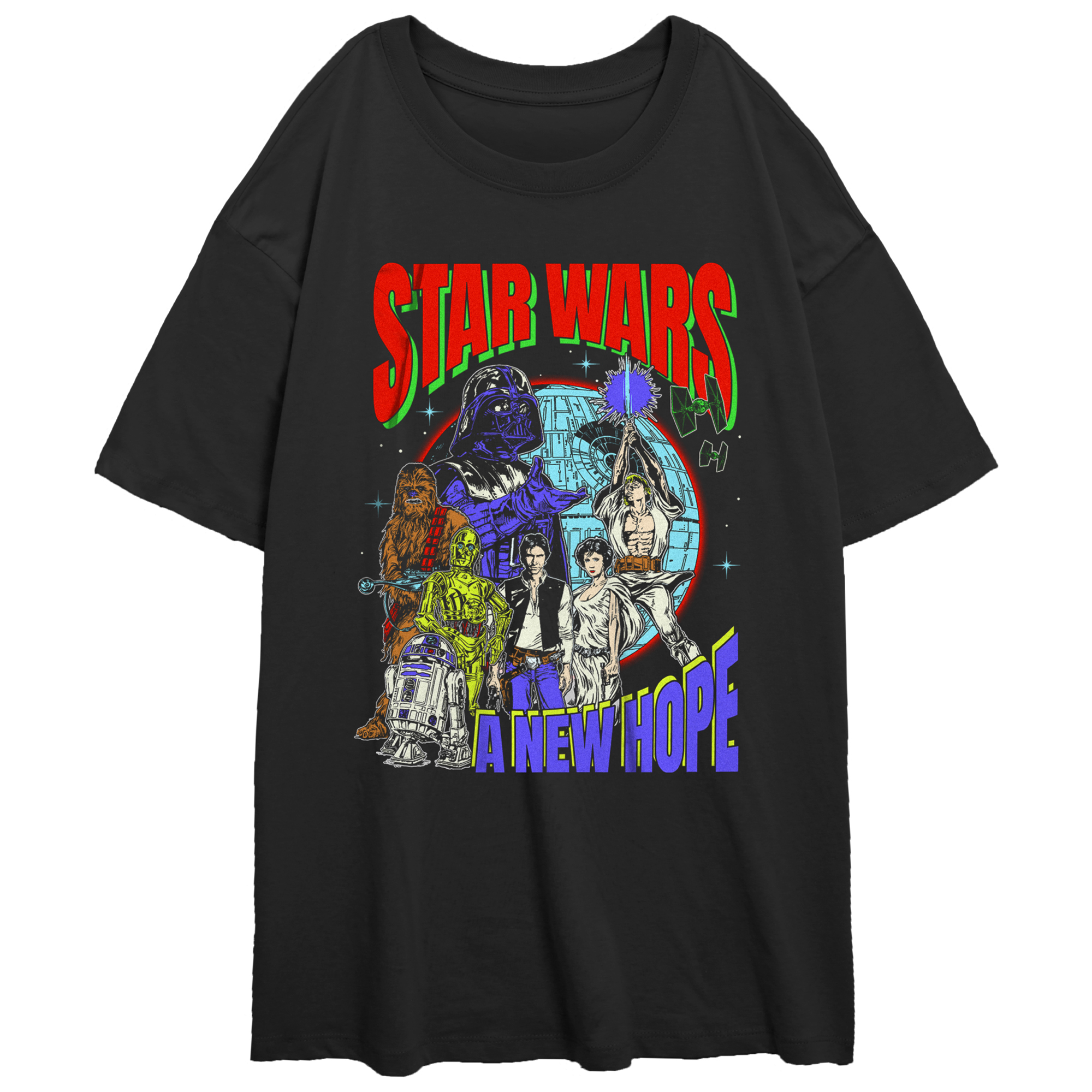 Women's Mad Engine Black Star Wars Globe Group Graphic Oversized T-Shirt