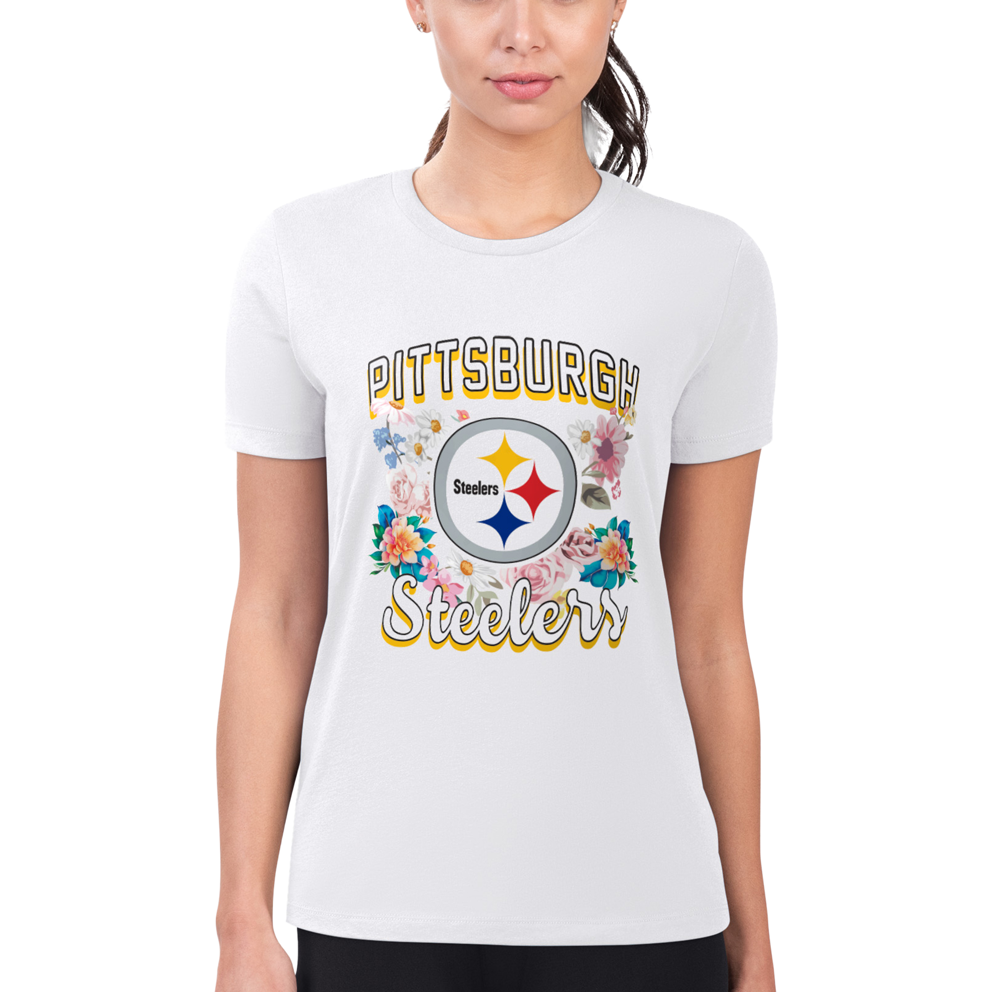 Women's G-III 4Her by Carl Banks White Pittsburgh Steelers Flowers Team Logo Graphic Fitted T-Shirt - Image 4