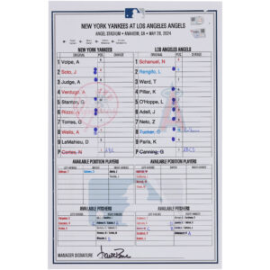 New York Yankees Game-Used Lineup Card vs. Los Angeles Angels on May 28, 2024