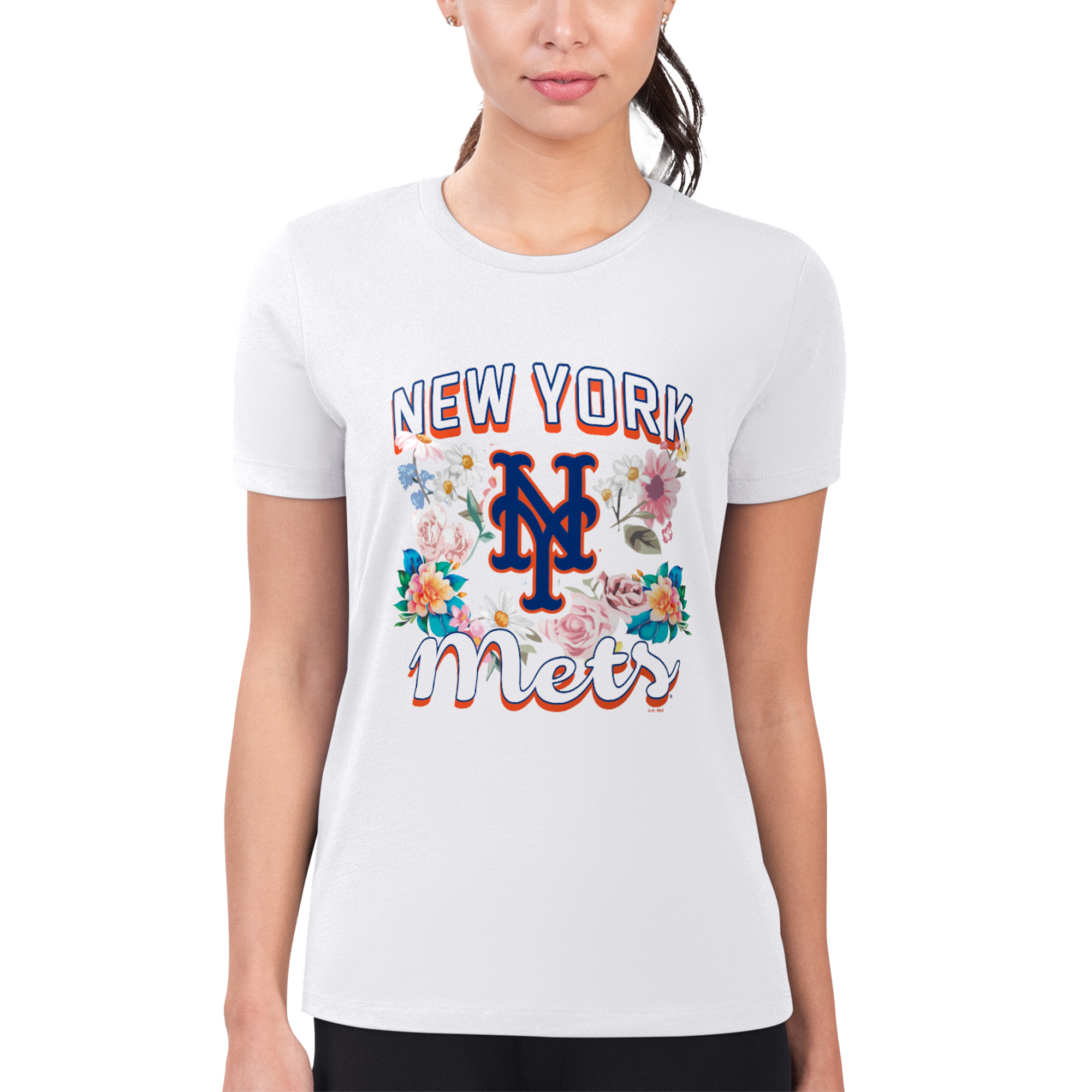 Women's G-III 4Her by Carl Banks White New York Mets Flowers Graphic Fitted T-Shirt