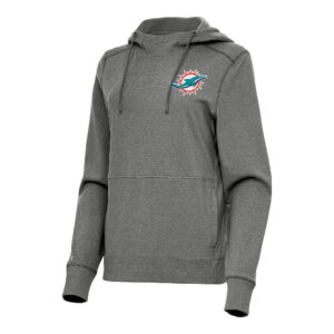 Women's Antigua  Heather Black Miami Dolphins Justice Pullover Hoodie