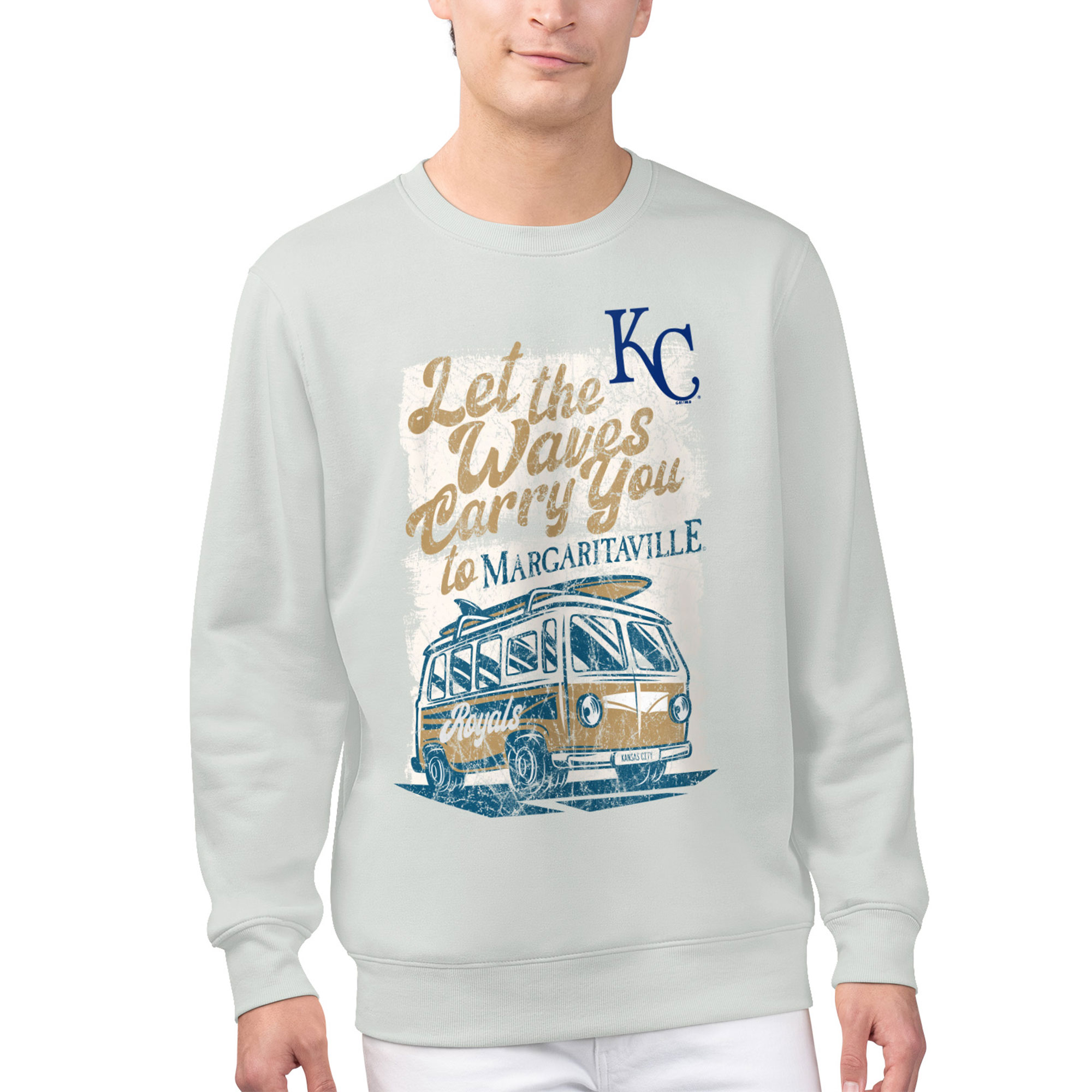 Men's Margaritaville Silver Kansas City Royals Bus Waves Graphic Pullover Sweatshirt - Image 4