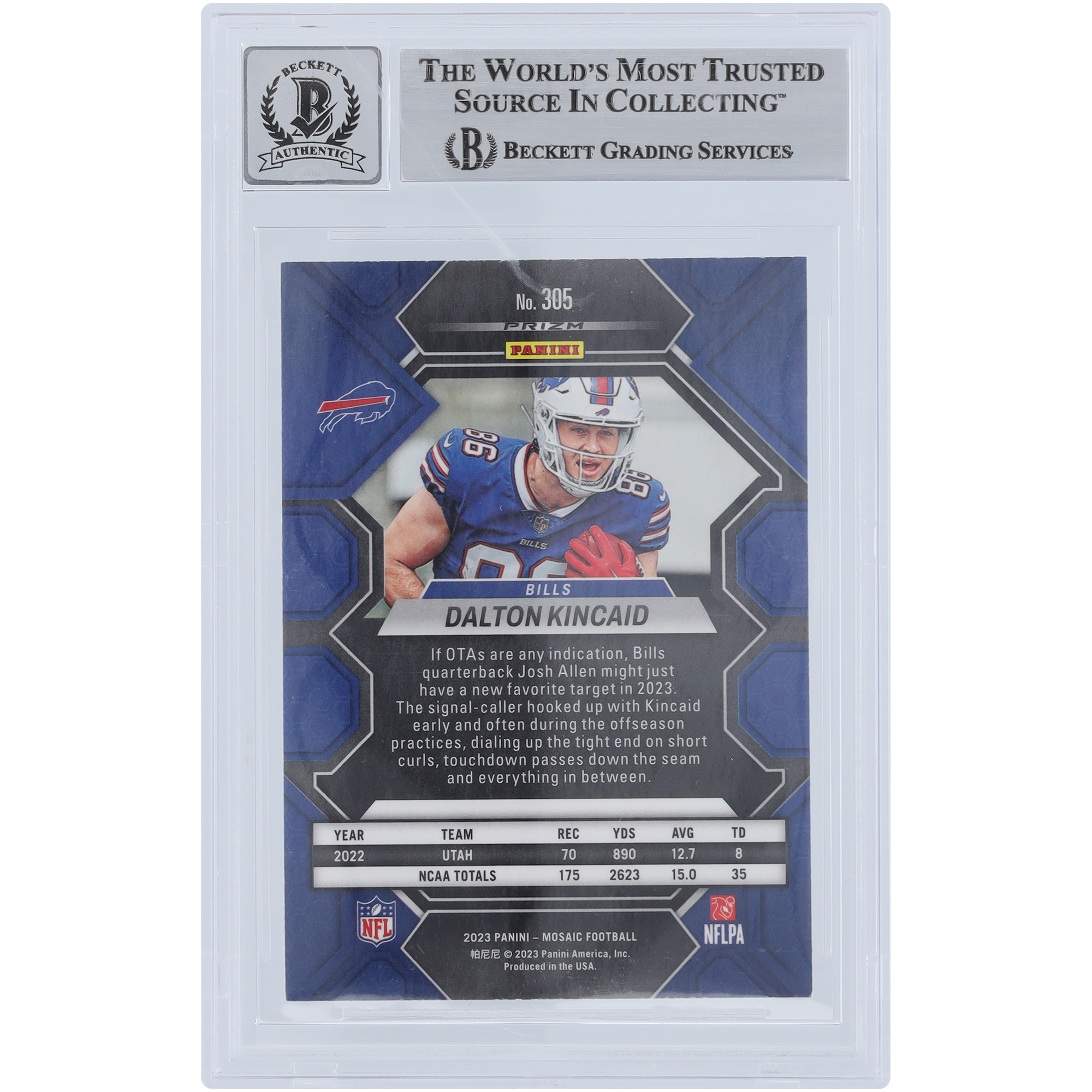 Dalton Kincaid Buffalo Bills Autographed 2023 Panini Mosaic Pink Camo Prizm #305 Beckett Fanatics Witnessed Authenticated 10 Rookie Card - Image 3