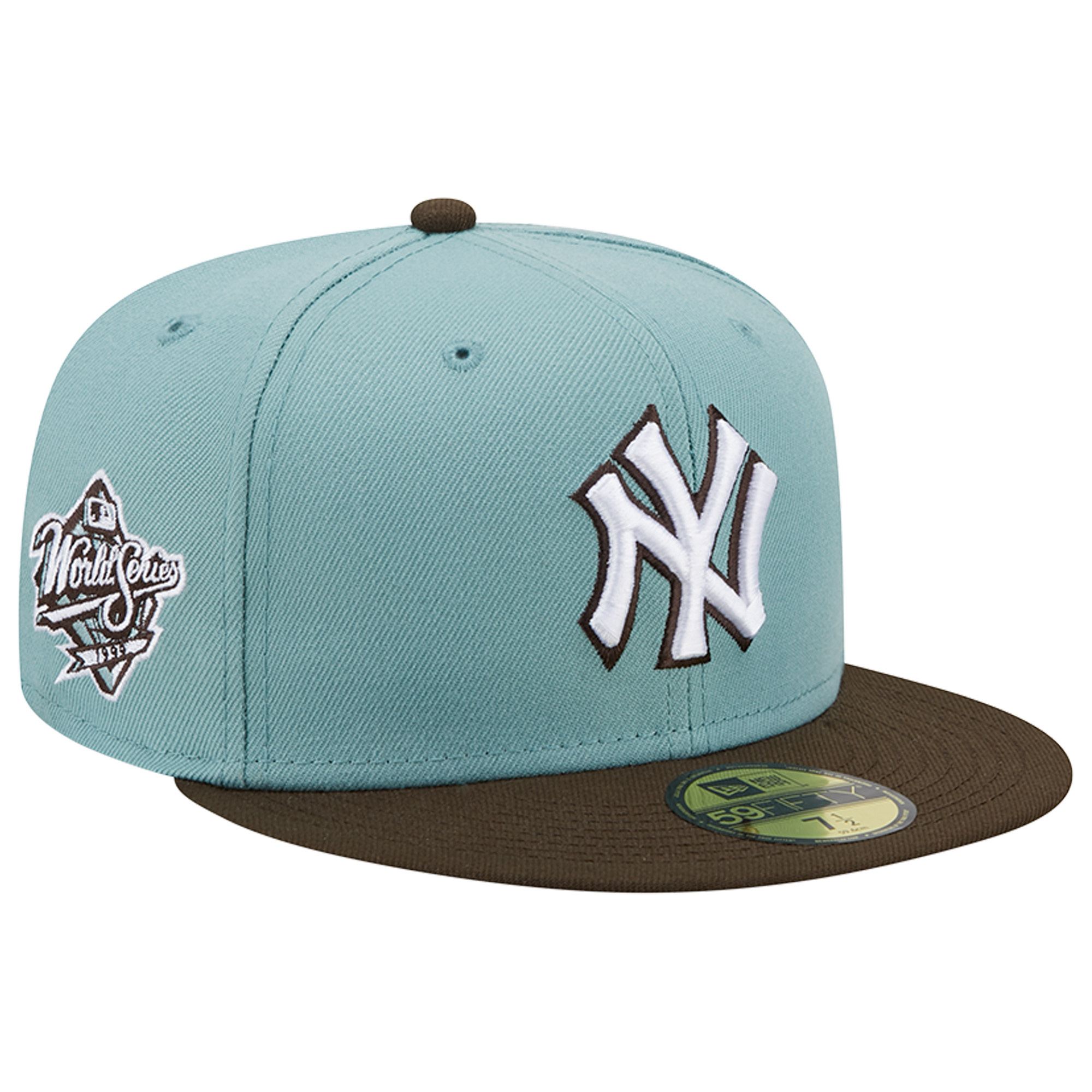 Men's New Era Light Blue/Brown New York Yankees 1999 World Series Beach Kiss 59FIFTY Fitted Hat