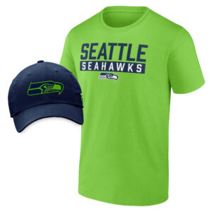 Men's Fanatics Neon Green/College Navy Seattle Seahawks T-Shirt & Adjustable Hat Combo Pack