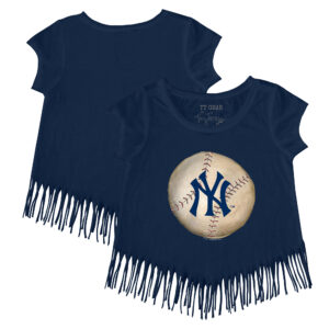 Girls Youth Tiny Turnip Navy New York Yankees Stitched Baseball Fringe T-Shirt