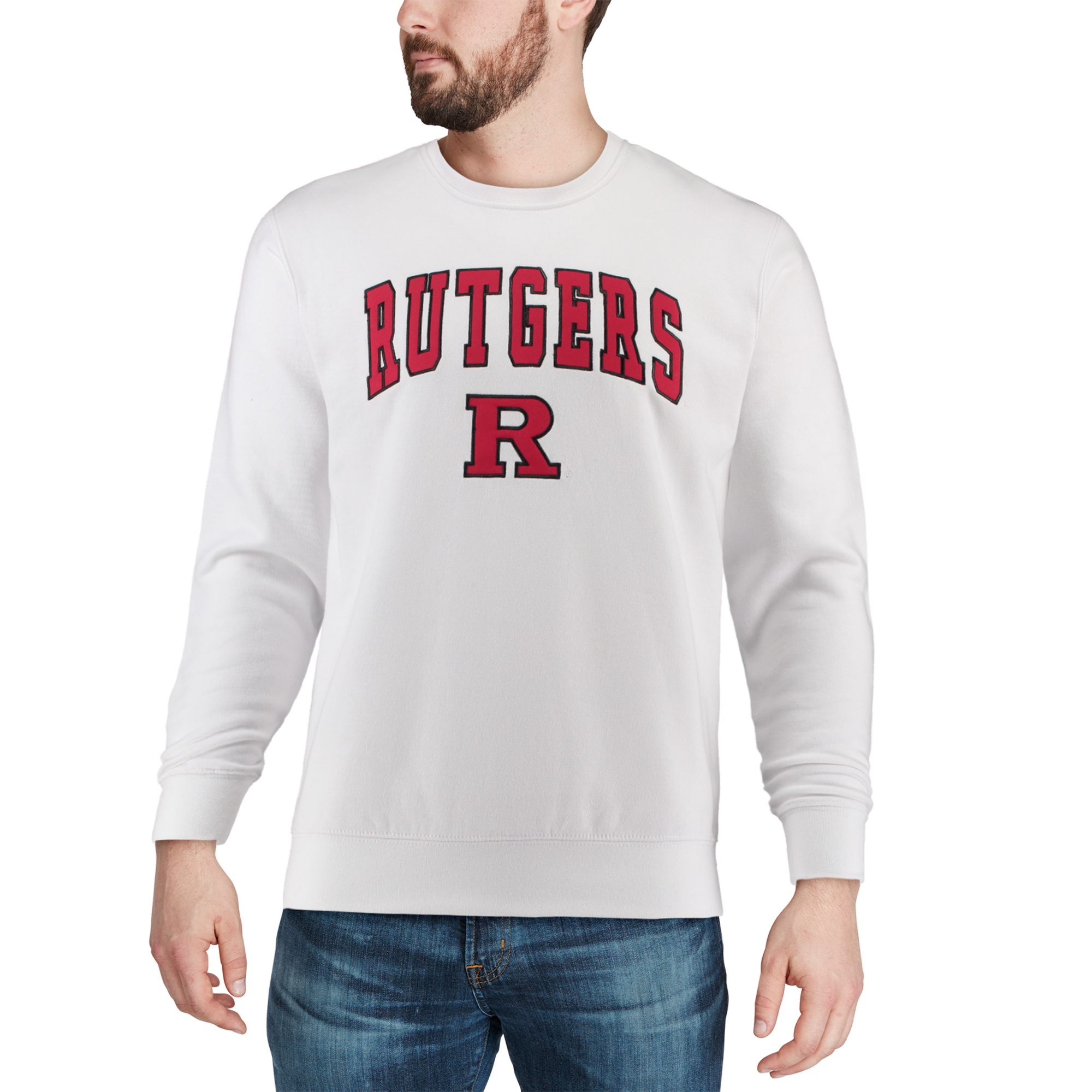 Men's Colosseum White Rutgers Scarlet Knights Arch & Logo Crew Neck Sweatshirt - Image 5