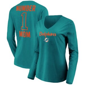 Women's Aqua Miami Dolphins #1 Mom Long Sleeve V-Neck T-Shirt