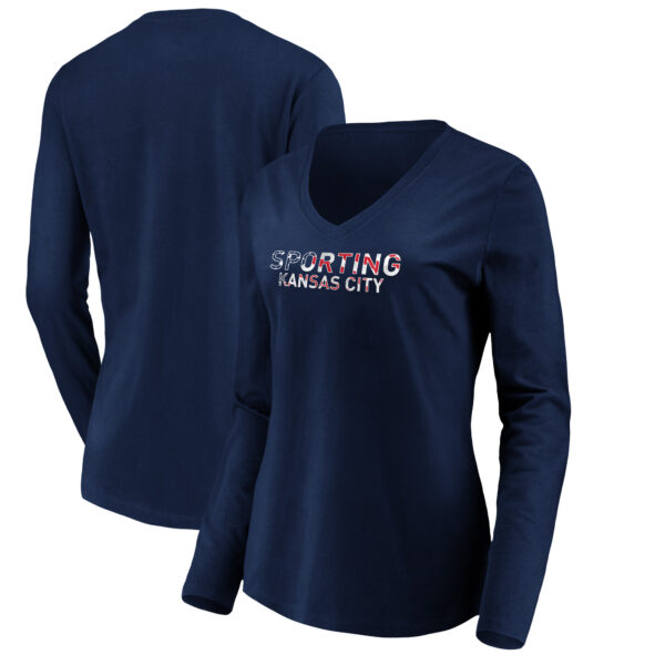 Women's Navy Sporting Kansas City Banner Wave Long Sleeve V-Neck T-Shirt