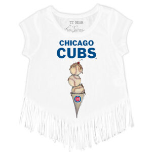 Girls Toddler Tiny Turnip White Chicago Cubs Triple Scoop Fringe T-Shirt