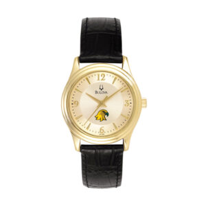 Women's Bulova Gold/Black SUNY Brockport Golden Eagles Stainless Steel Watch with Leather Band