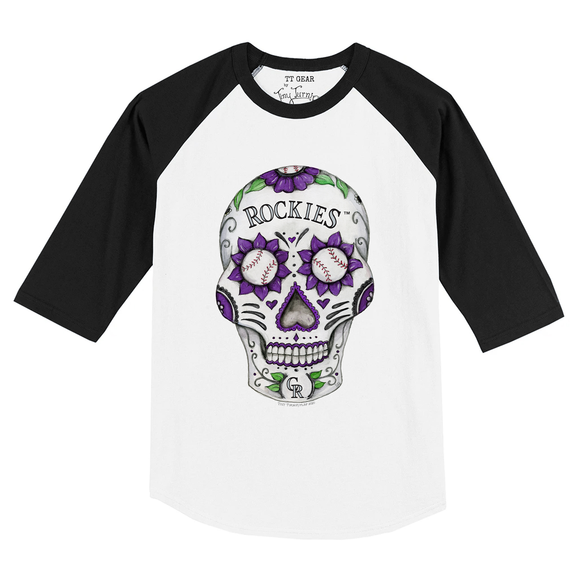 Toddler Tiny Turnip White/Black Colorado Rockies Sugar Skull Raglan 3/4 Sleeve T-Shirt